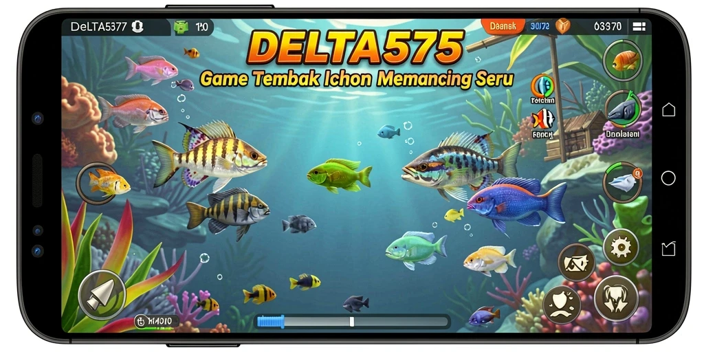 Screenshot utama DELTA575 menampilkan keseruan menangkap ikan di bawah laut.