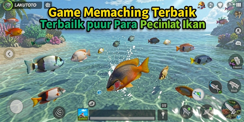 Screenshot gameplay LAKUTOTO menunjukkan aksi menangkap ikan yang seru.