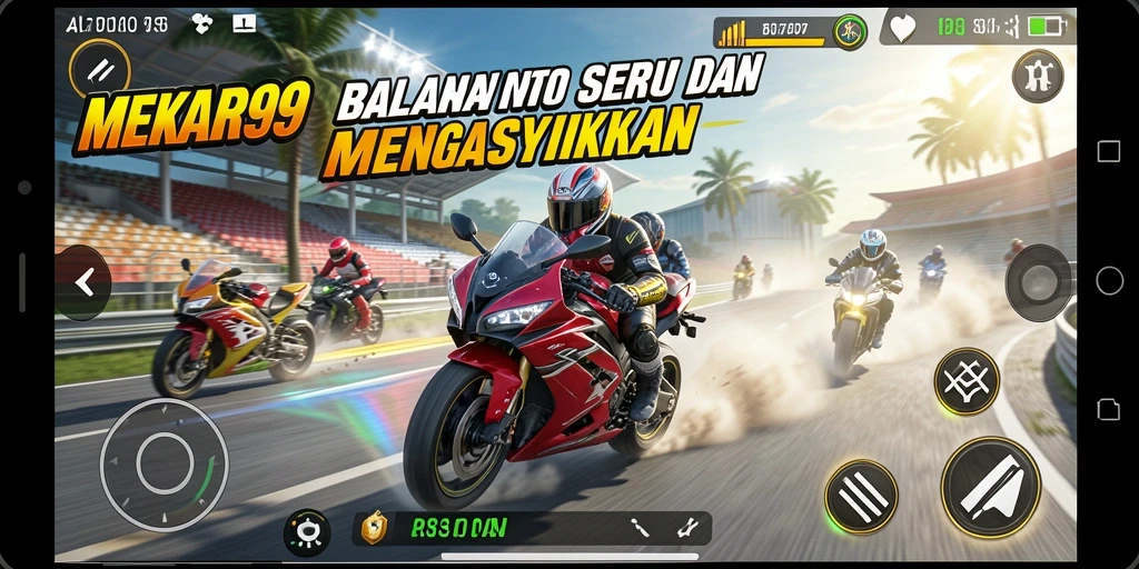 Screenshot utama MEKAR99 menampilkan aksi balapan motor yang mendebarkan.