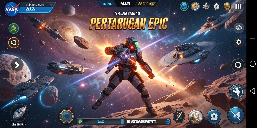 Tangkapan layar menunjukkan aksi pertempuran luar angkasa di NASA4D.