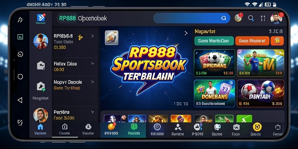 Screenshot RP888 menampilkan antarmuka aplikasi sportsbook yang interaktif dan menarik.